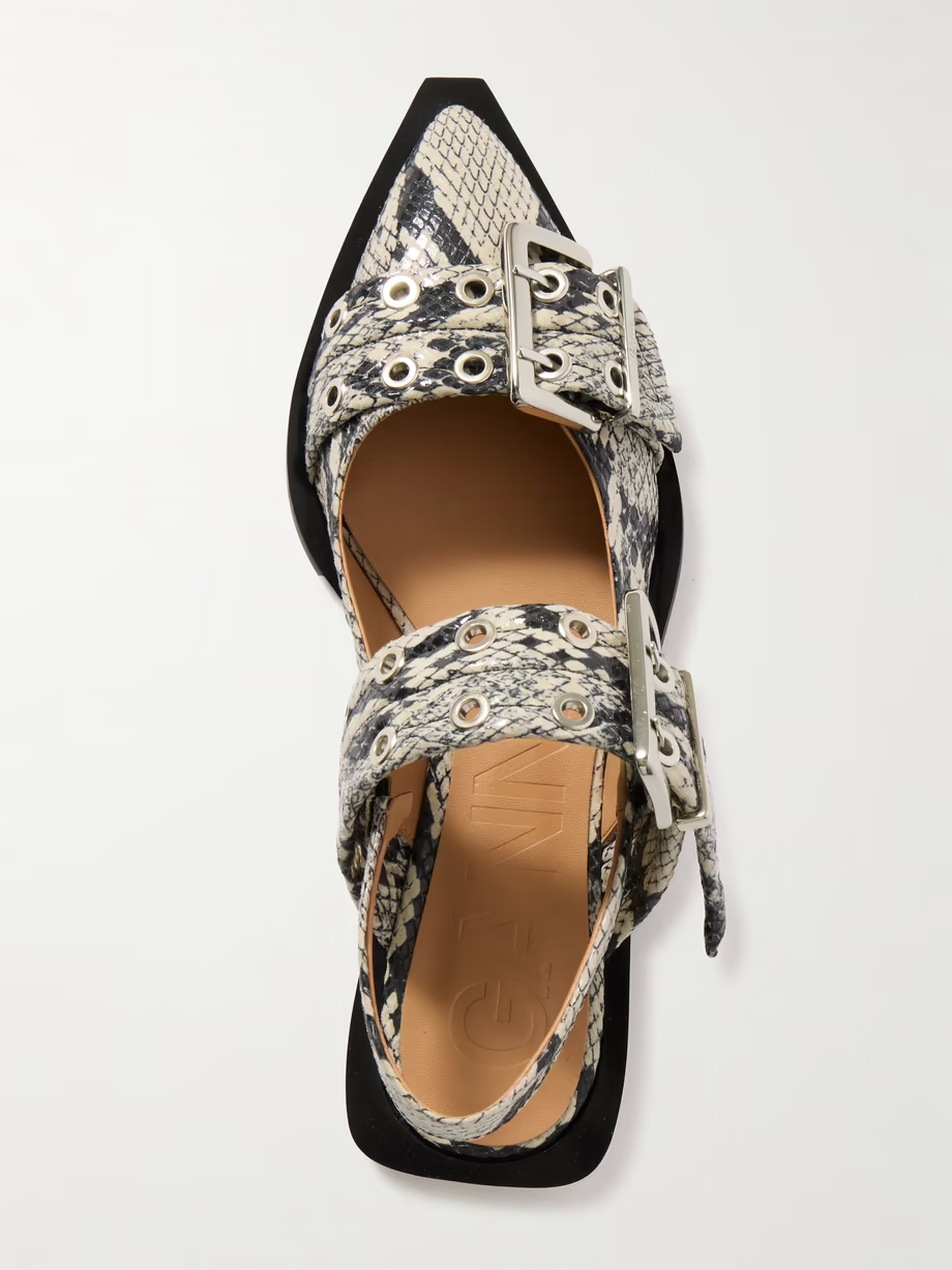 Buckled eyelet-embellished snake-effect recycled faux patent-leather ballet flats