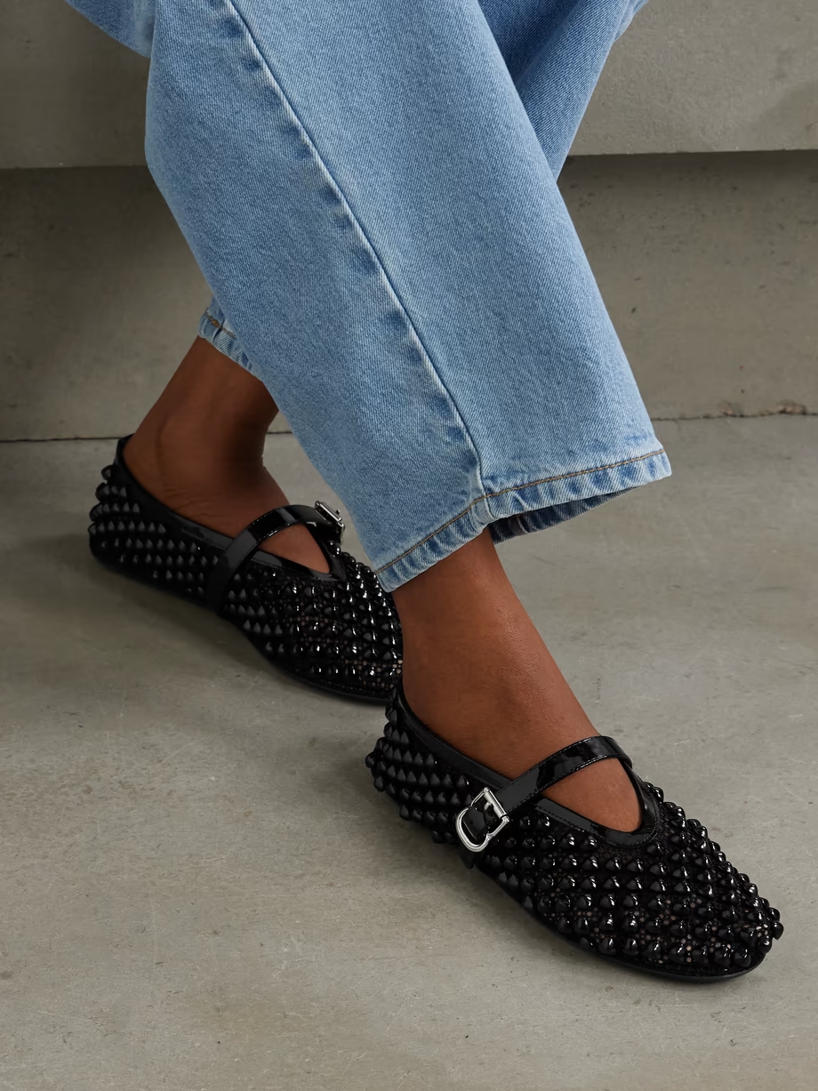 Patent leather-trimmed studded mesh ballet flats