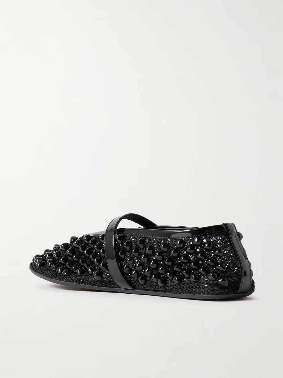 Patent leather-trimmed studded mesh ballet flats