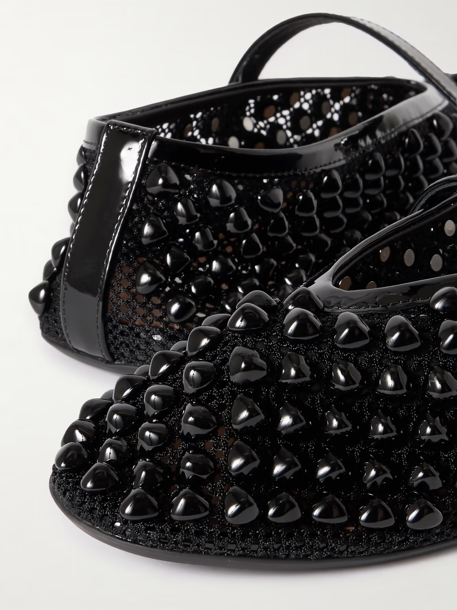 Patent leather-trimmed studded mesh ballet flats