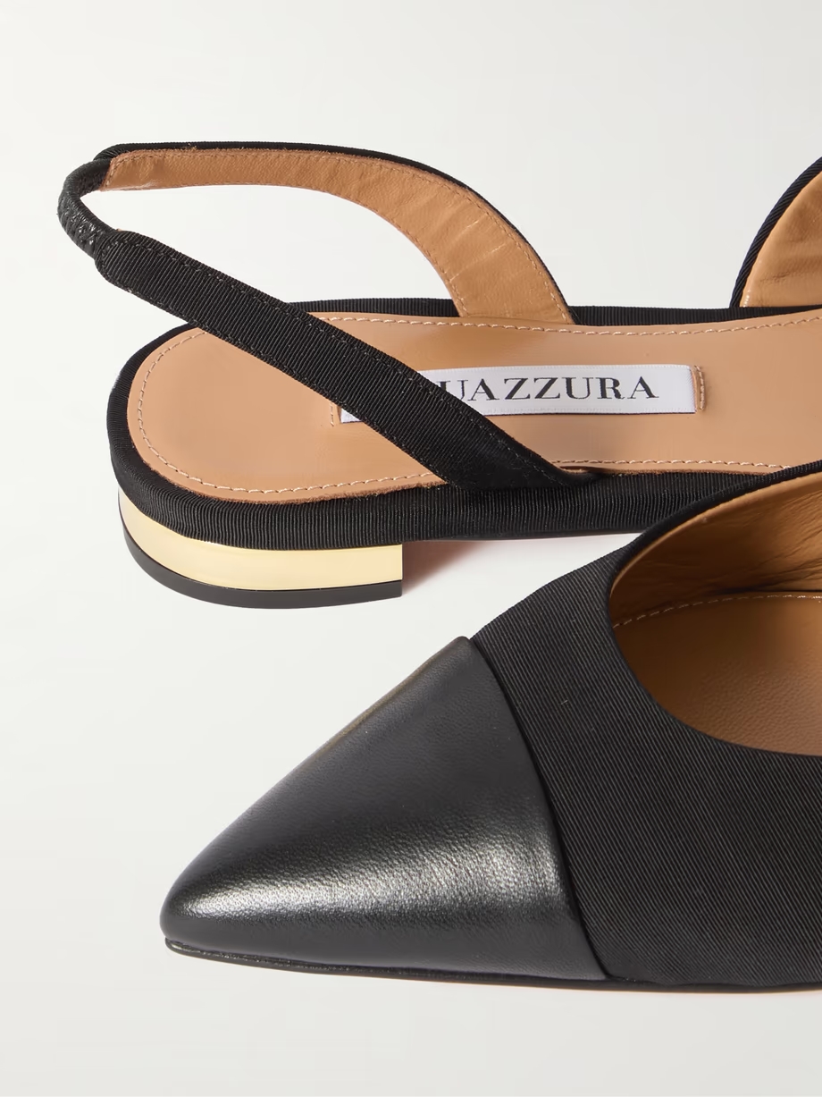 Milanese leather-trimmed grosgrain slingback flats