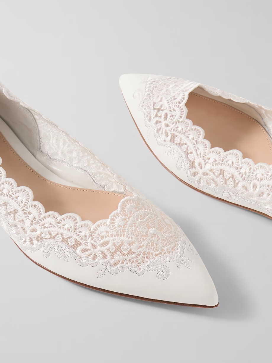 Lace-trimmed leather point-toe flats