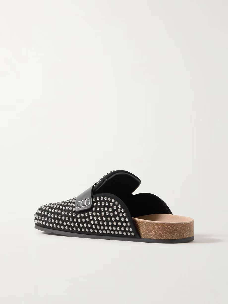 Leather-trimmed crystal-embellished suede mules