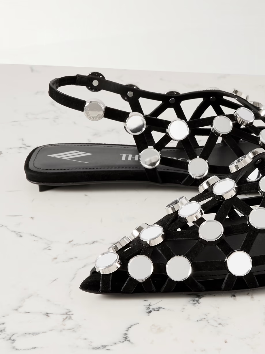 Grid studded suede slingback point-toe flats