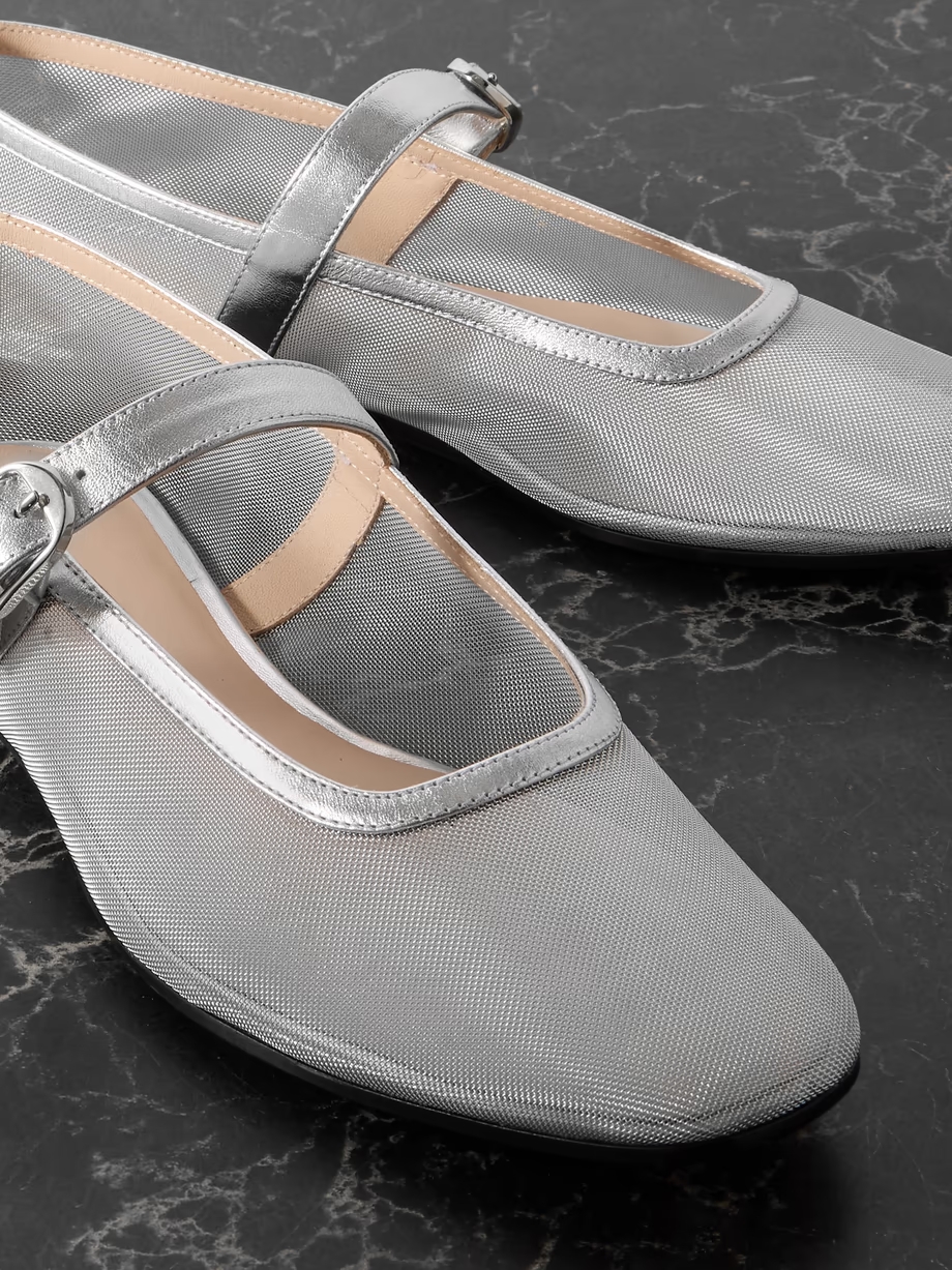 Metallic leather-trimmed mesh Mary Jane ballet flats