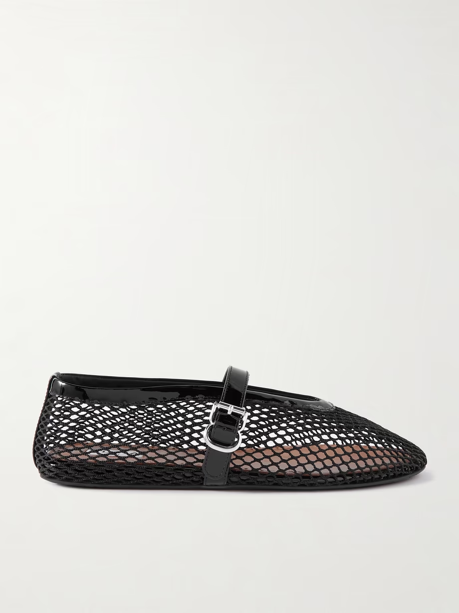 Patent leather-trimmed mesh ballet flats