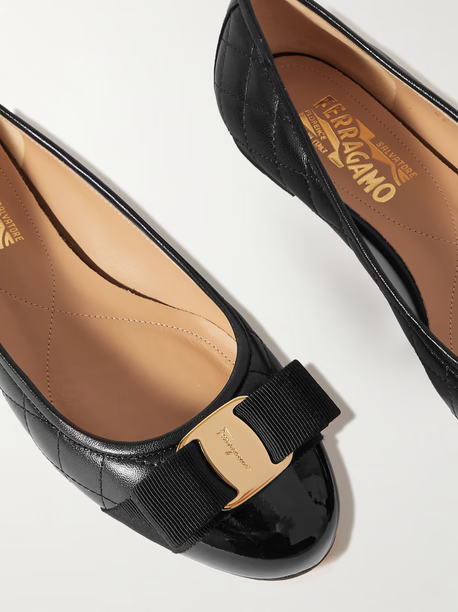 Varina bow-embellished quilted smooth and patent-leather ballet flats