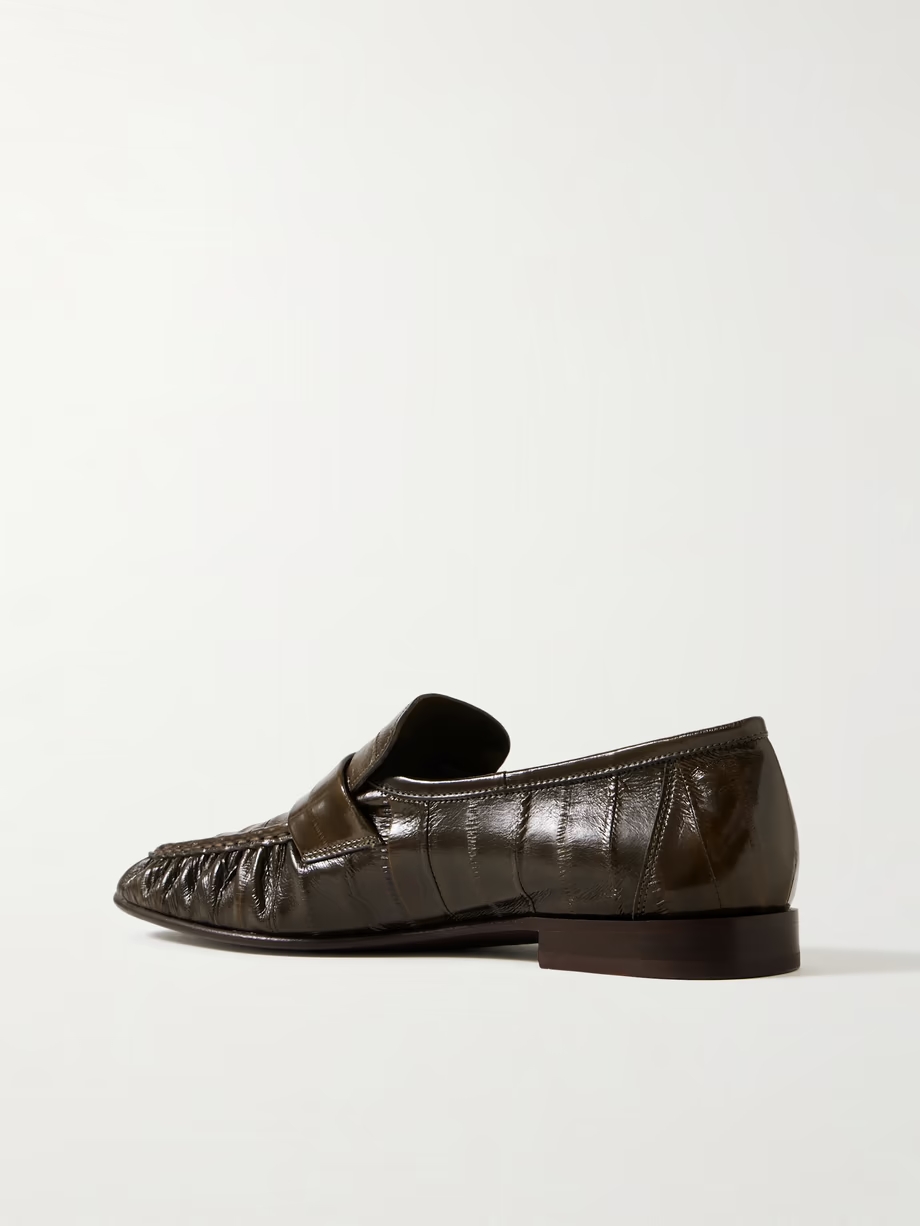 Paneled glossed-leather loafers