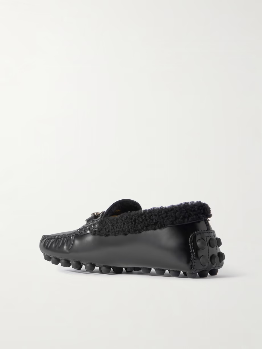 Gommino Macro embellished shearling-trimmed leather loafers