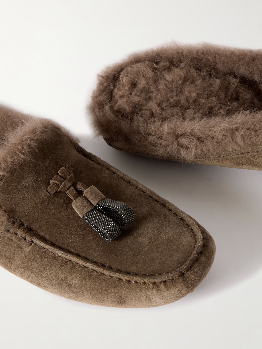 Tasseled shearling-lined suede slippers