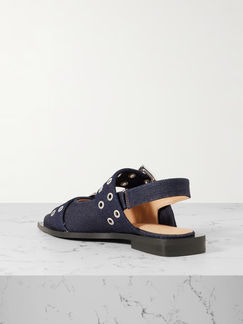 Buckled eyelet-embellished recycled denim ballet flats