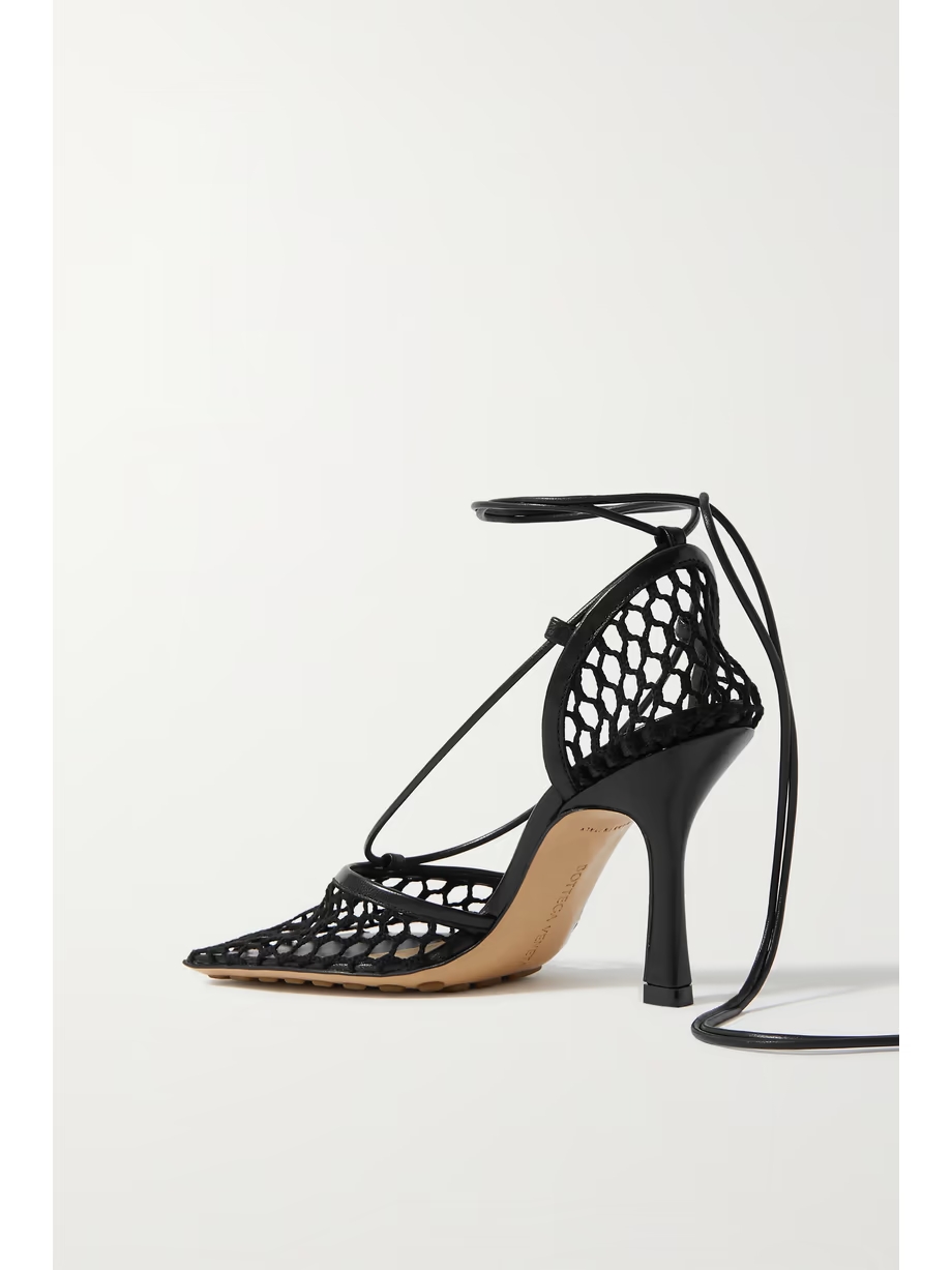 Lace-up leather-trimmed mesh pumps