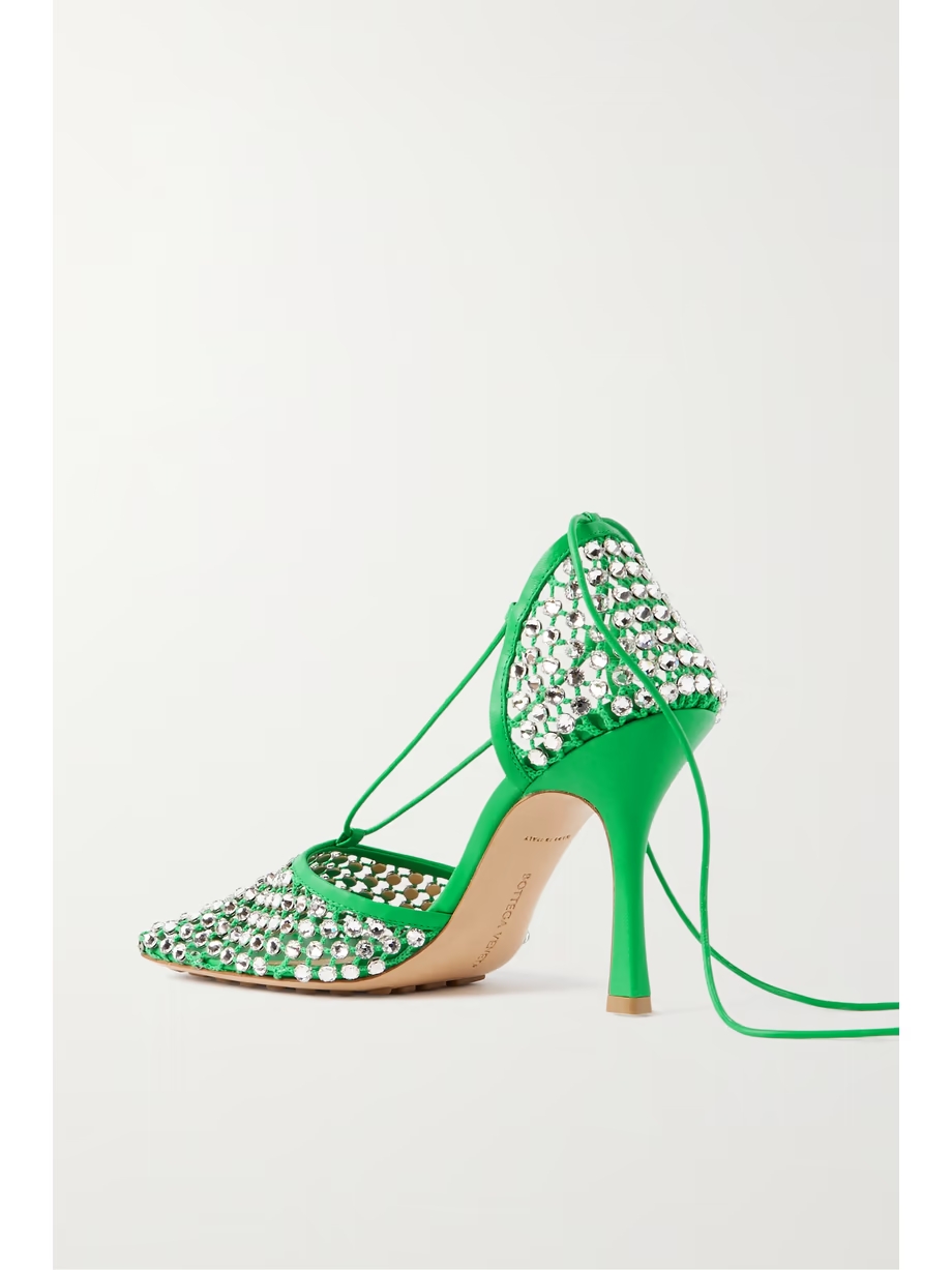 Leather-trimmed crystal-embellished mesh pumps