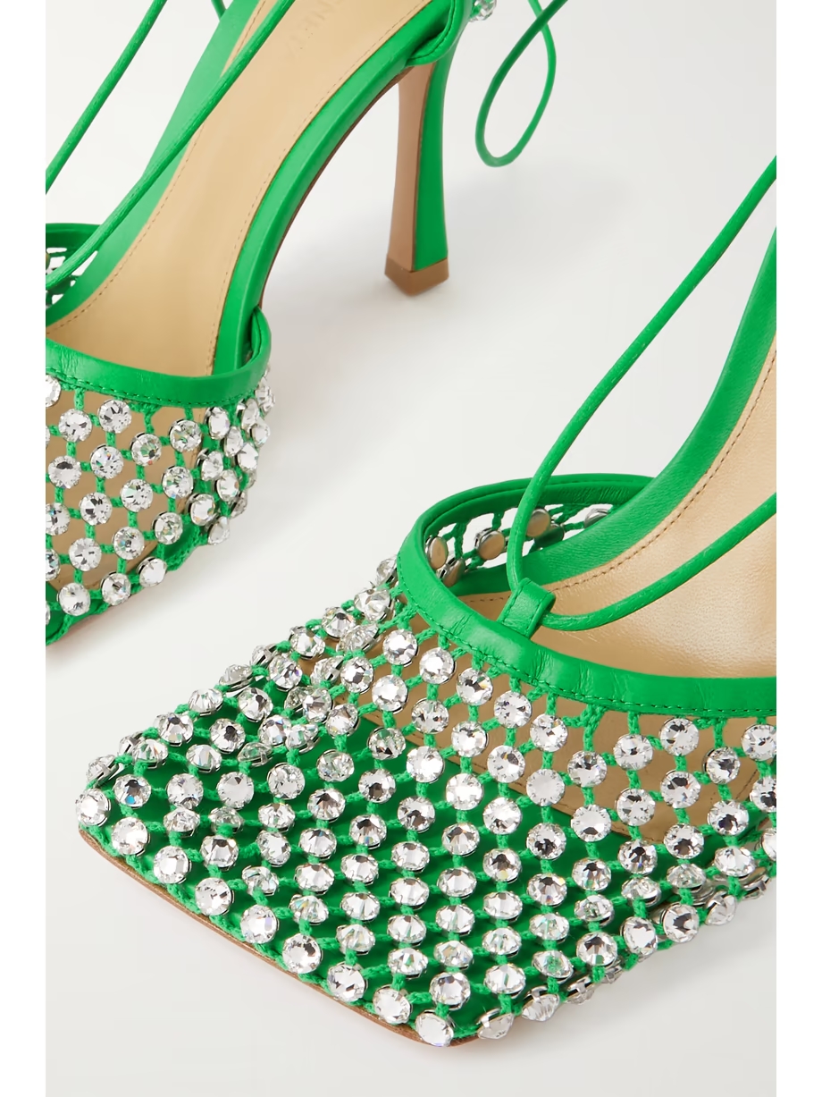 Leather-trimmed crystal-embellished mesh pumps