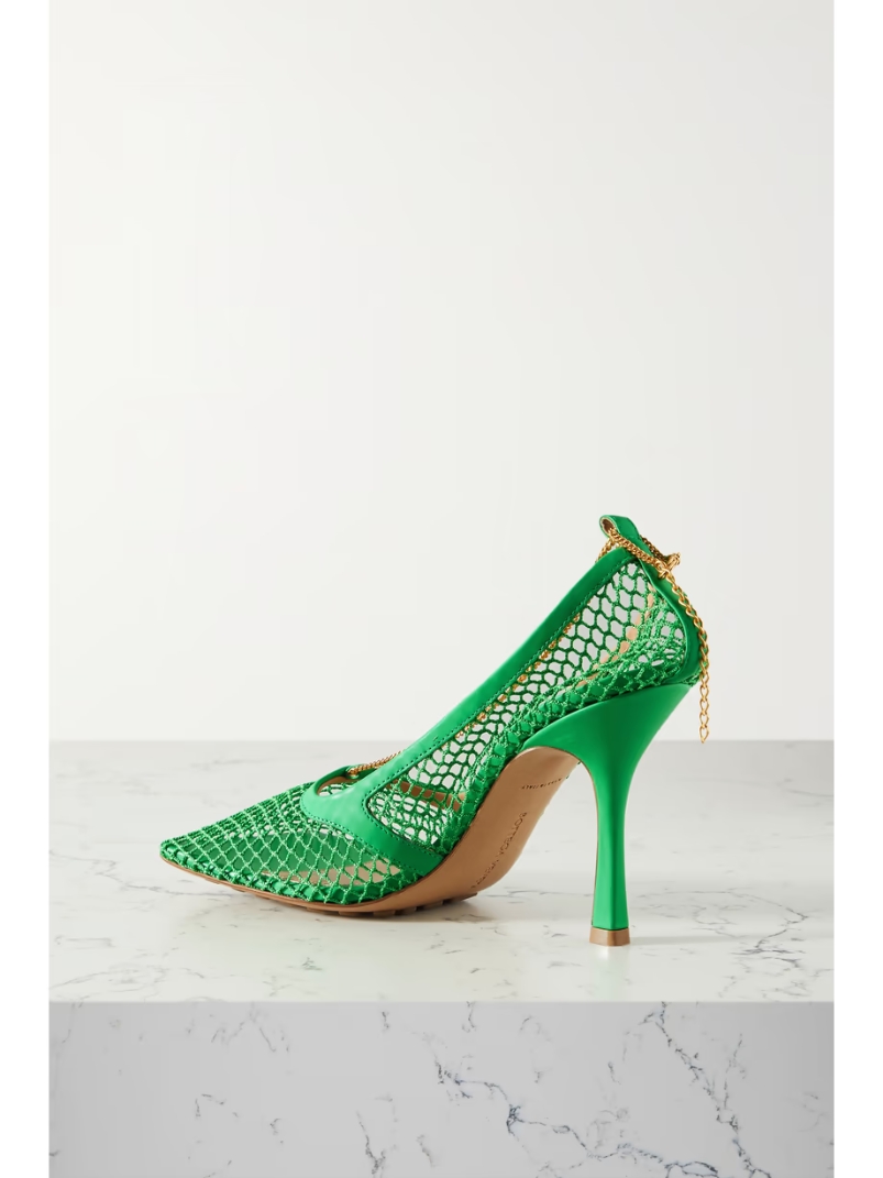 Chain-embellished macramé and leather pumps