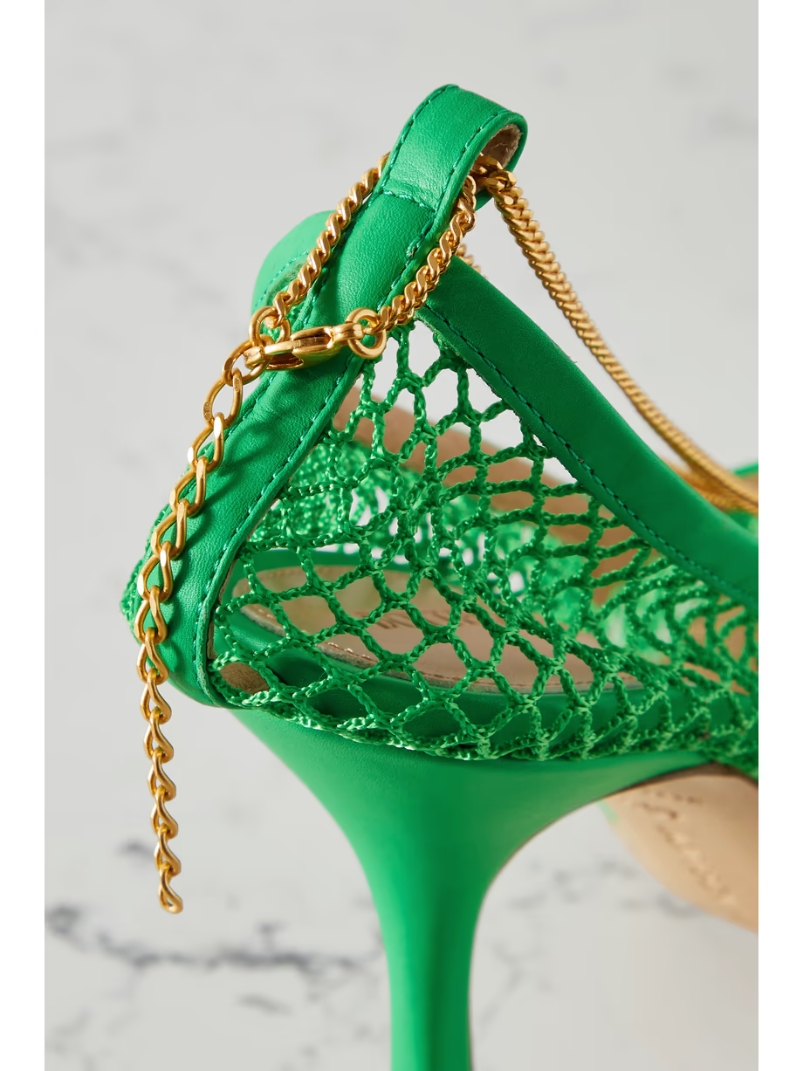 Chain-embellished macramé and leather pumps