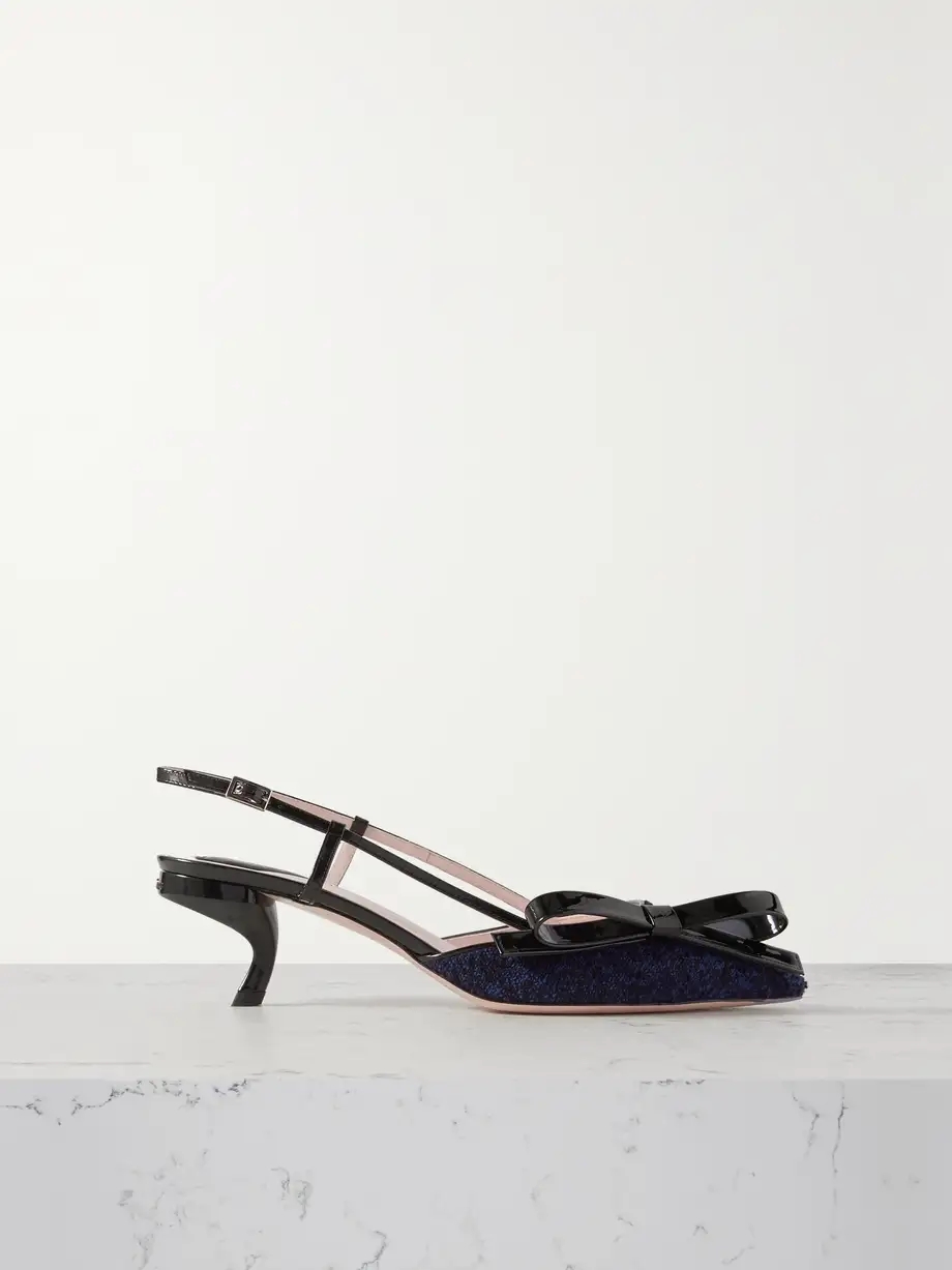 Virgule patent-leather and bouclé-tweed slingback pumps