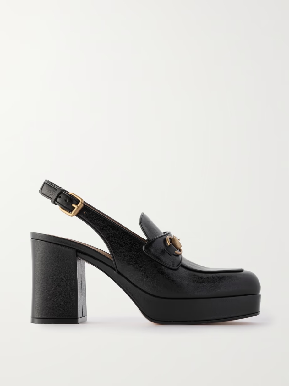 Lady horsebit-detailed leather slingback platform pumps