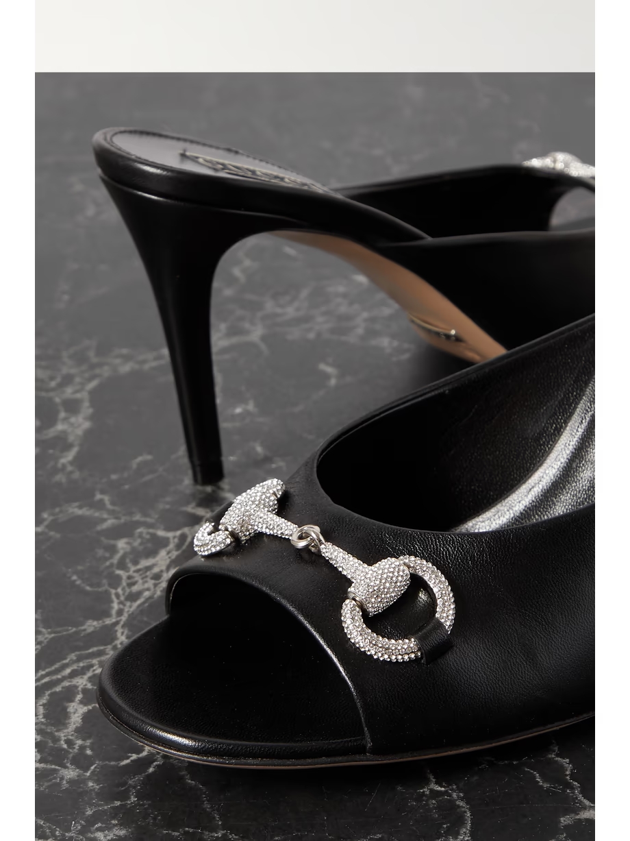 Crystal-embellished horsebit-detailed leather mules