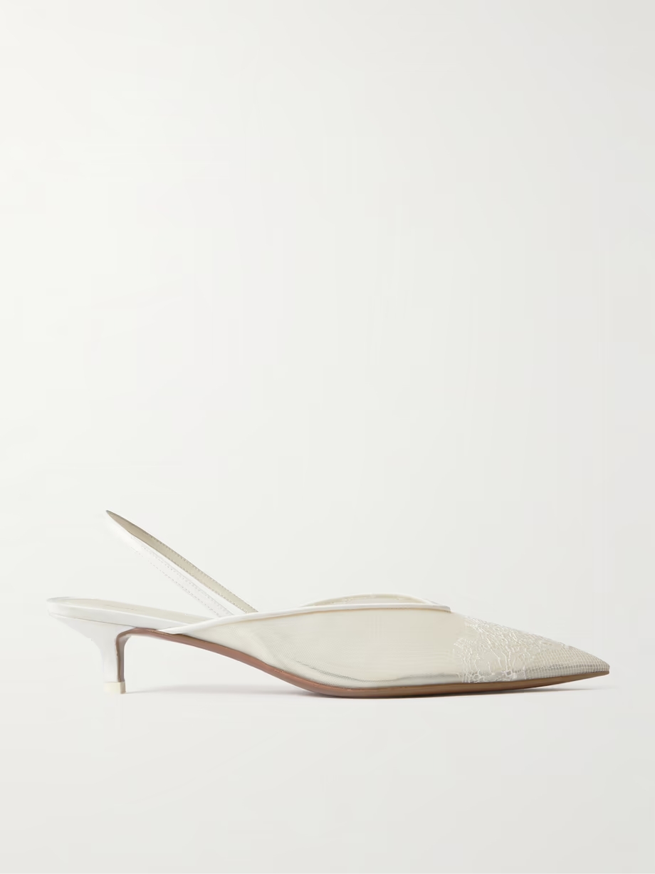 Irena satin and lace-trimmed mesh slingback pumps