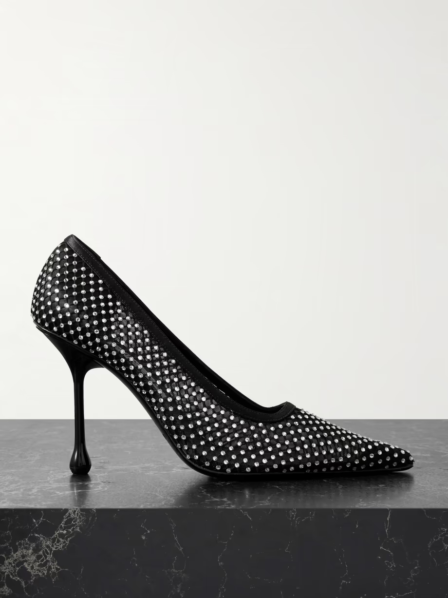 Ixia 95 crystal-embellished satin and mesh point-toe pumps