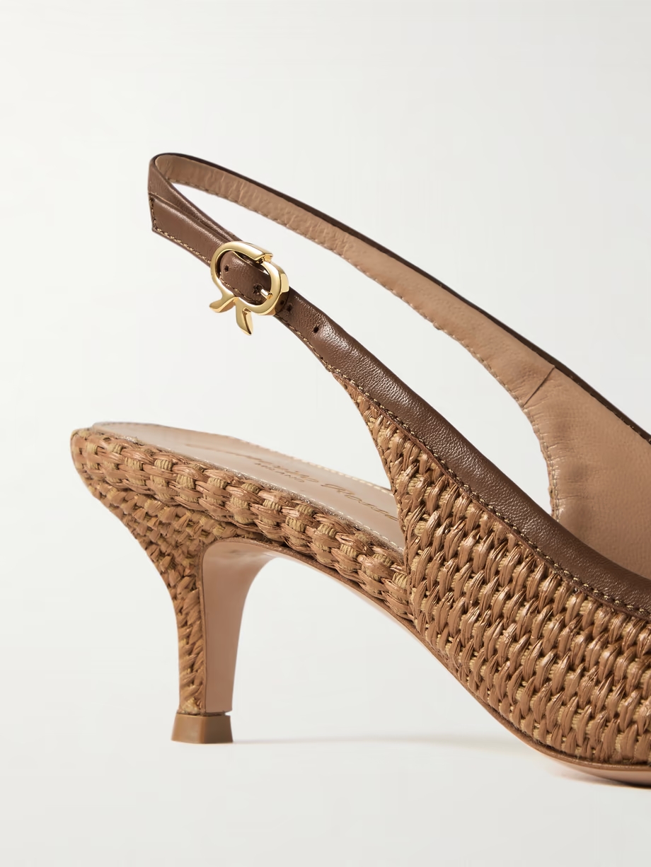 Marbella 55 leather-trimmed raffia slingback pumps