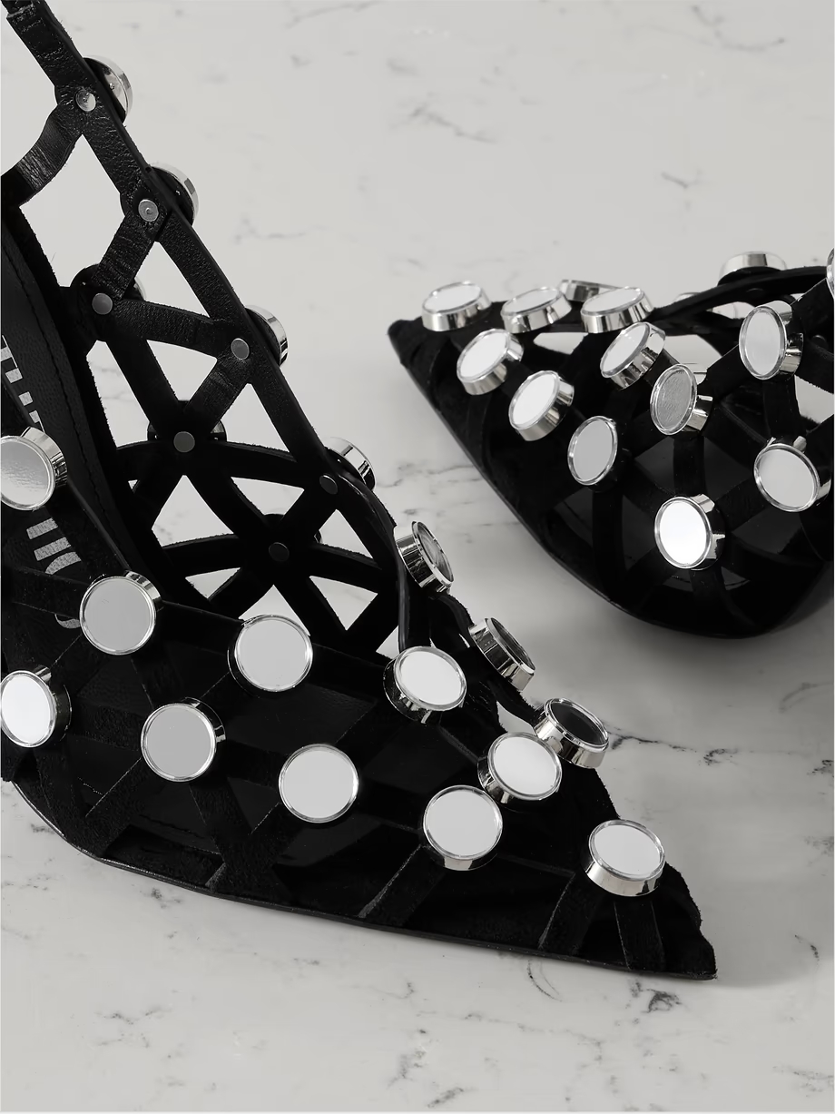 Grid studded suede slingback pumps