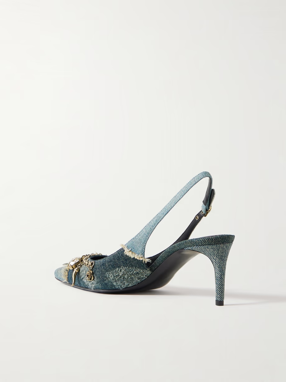 Embellished frayed distressed denim slingback pumps