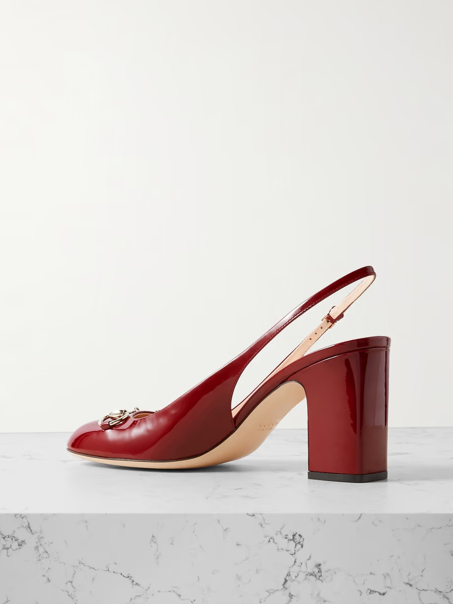 Lady horsebit-embellished patent-leather slingback pumps