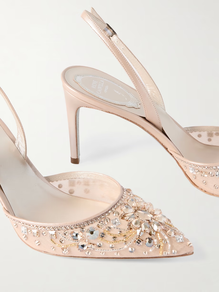 Crystal-embellished leather and tulle slingback pumps