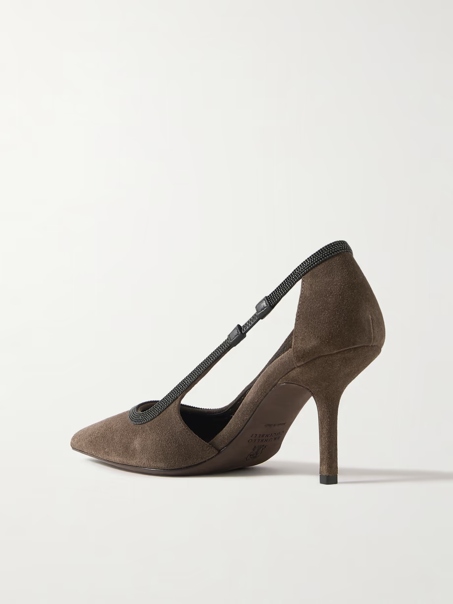 Cutout bead-embellished suede pumps