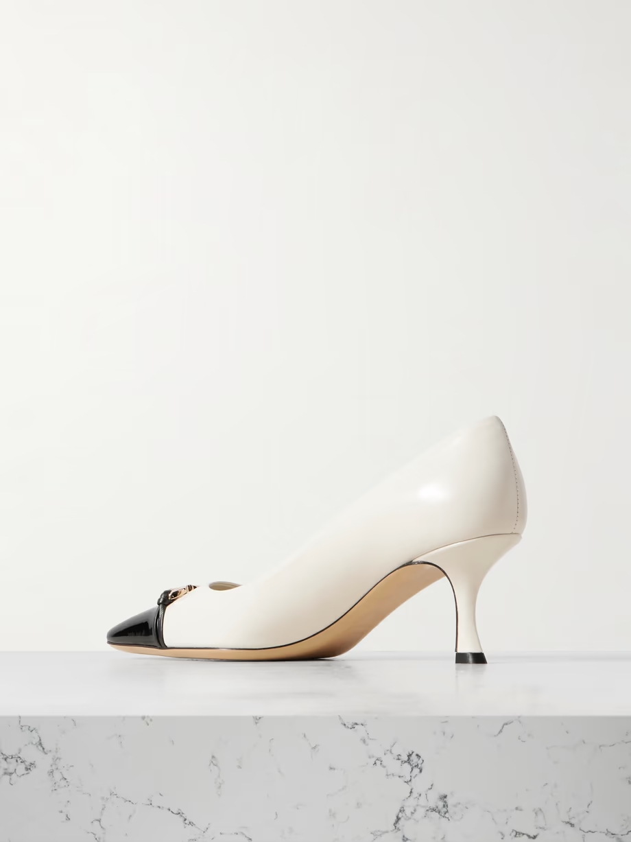 Bria embellished patent-leather trimmed smooth leather pumps