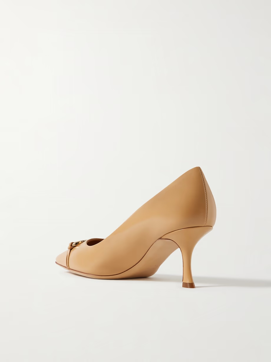 Bria embellished patent-leather trimmed smooth leather pumps