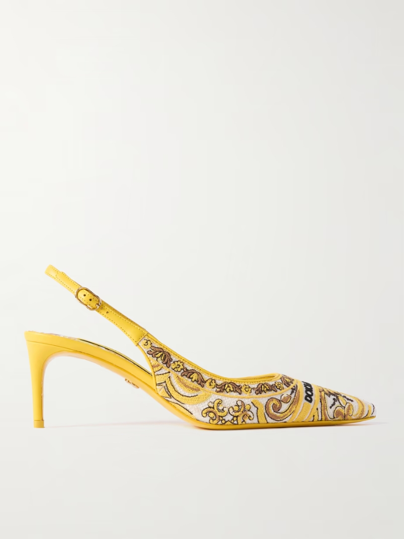 Maiolica Lollo leather-trimmed canvas-jacquard slingback pumps