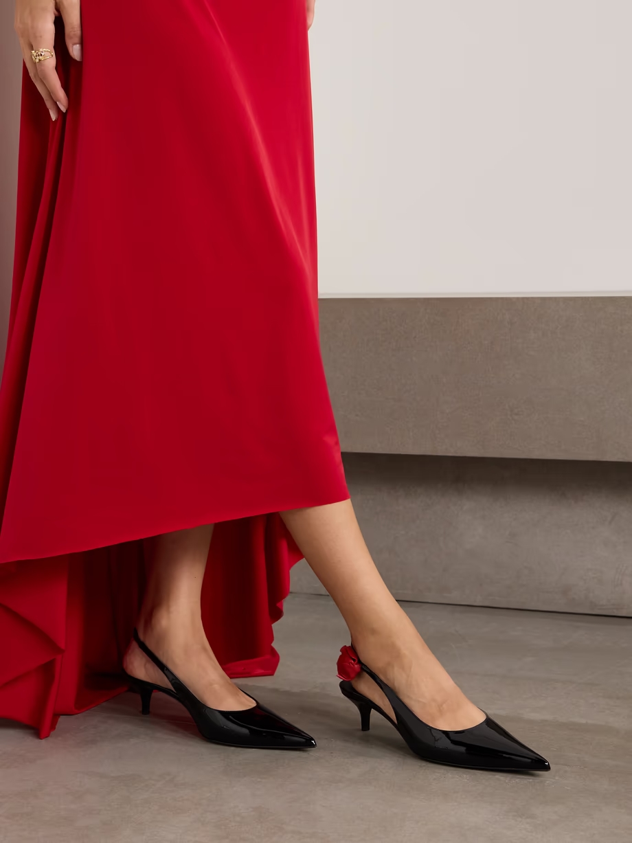 Appliquéd patent-leather slingback pumps