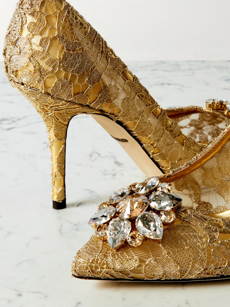 Bellucci crystal-embellished metallic corded lace pumps