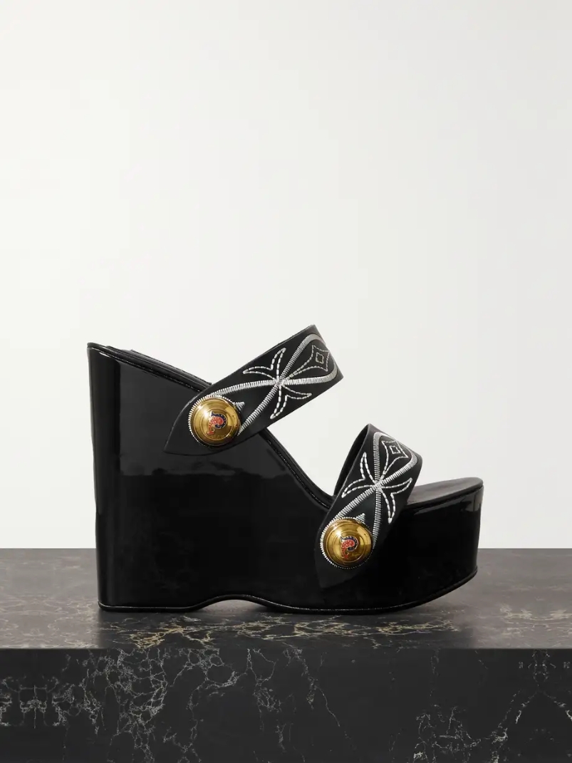 Embellished embroidered leather wedge sandals