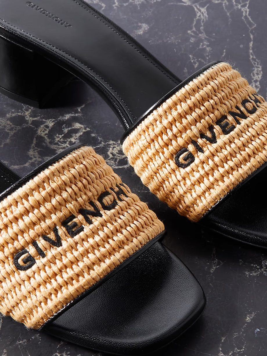 4G leather-trimmed embroidered raffia mules