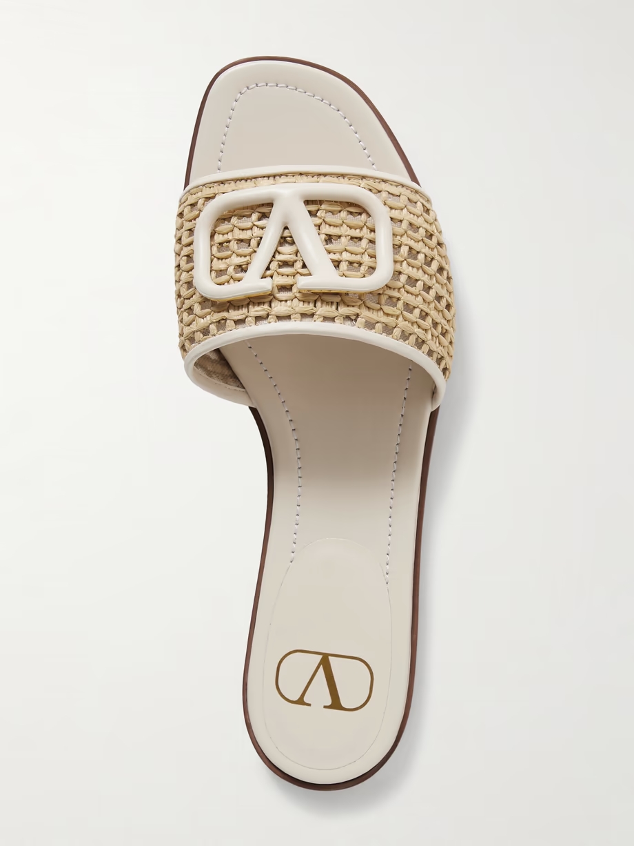 VLOGO embellished leather-trimmed raffia slides