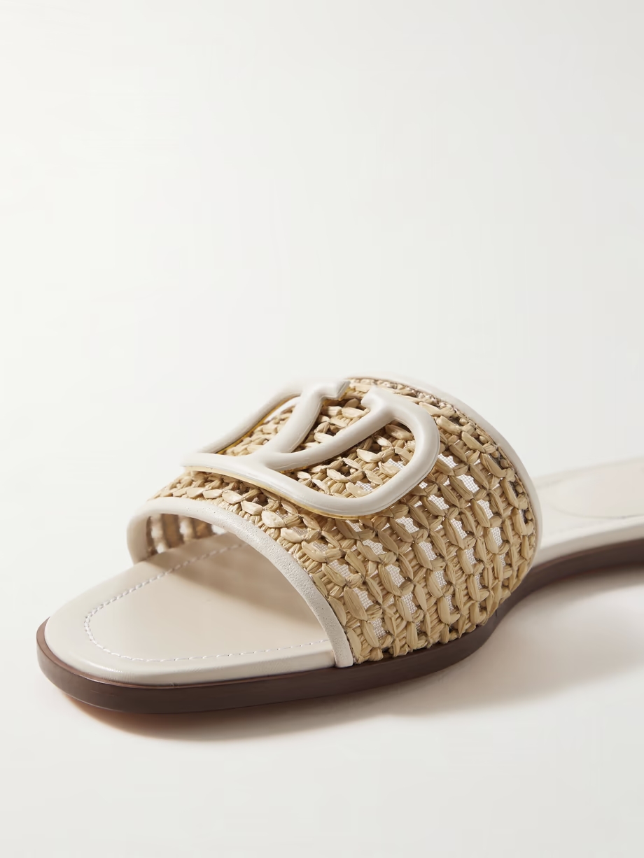 VLOGO embellished leather-trimmed raffia slides