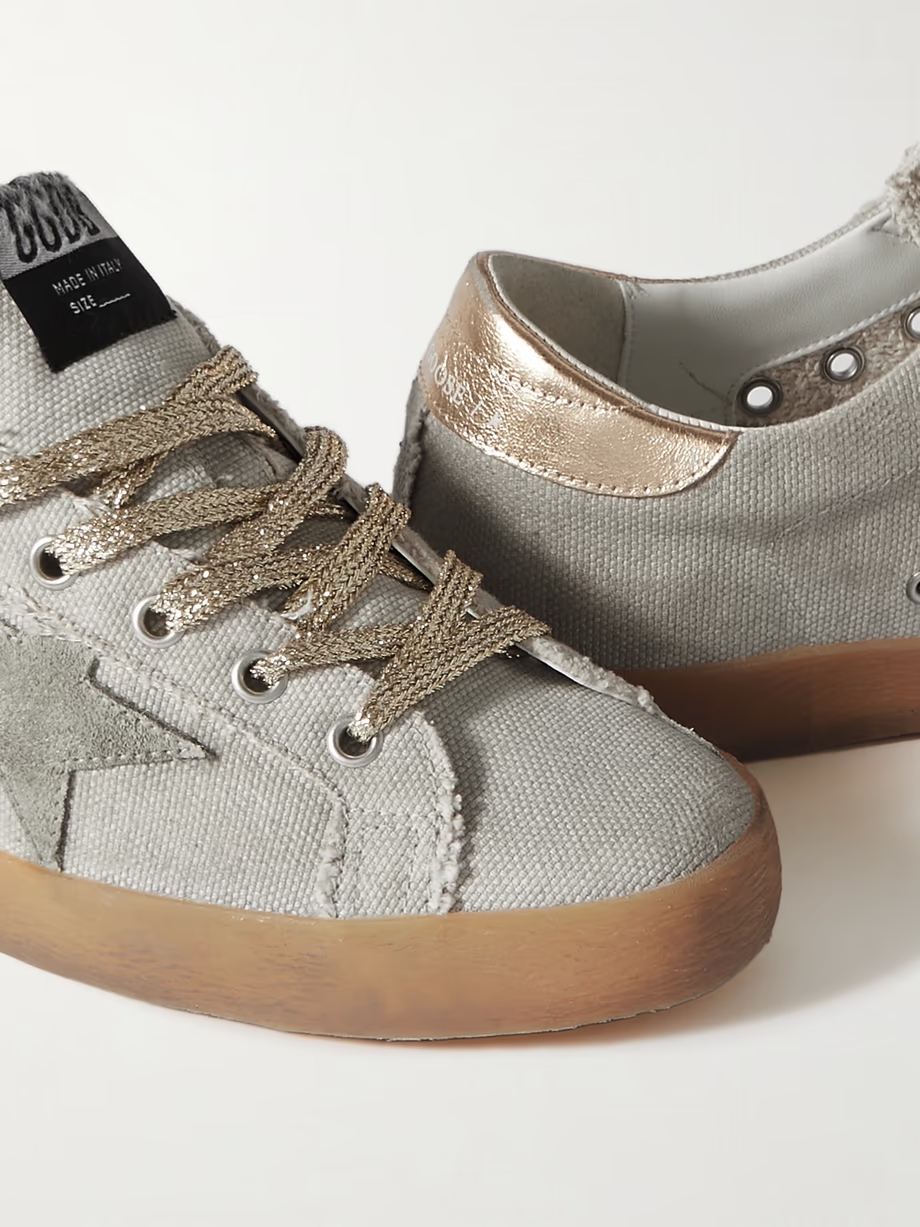 Super-Star suede and metallic leather-trimmed distressed canvas sneakers