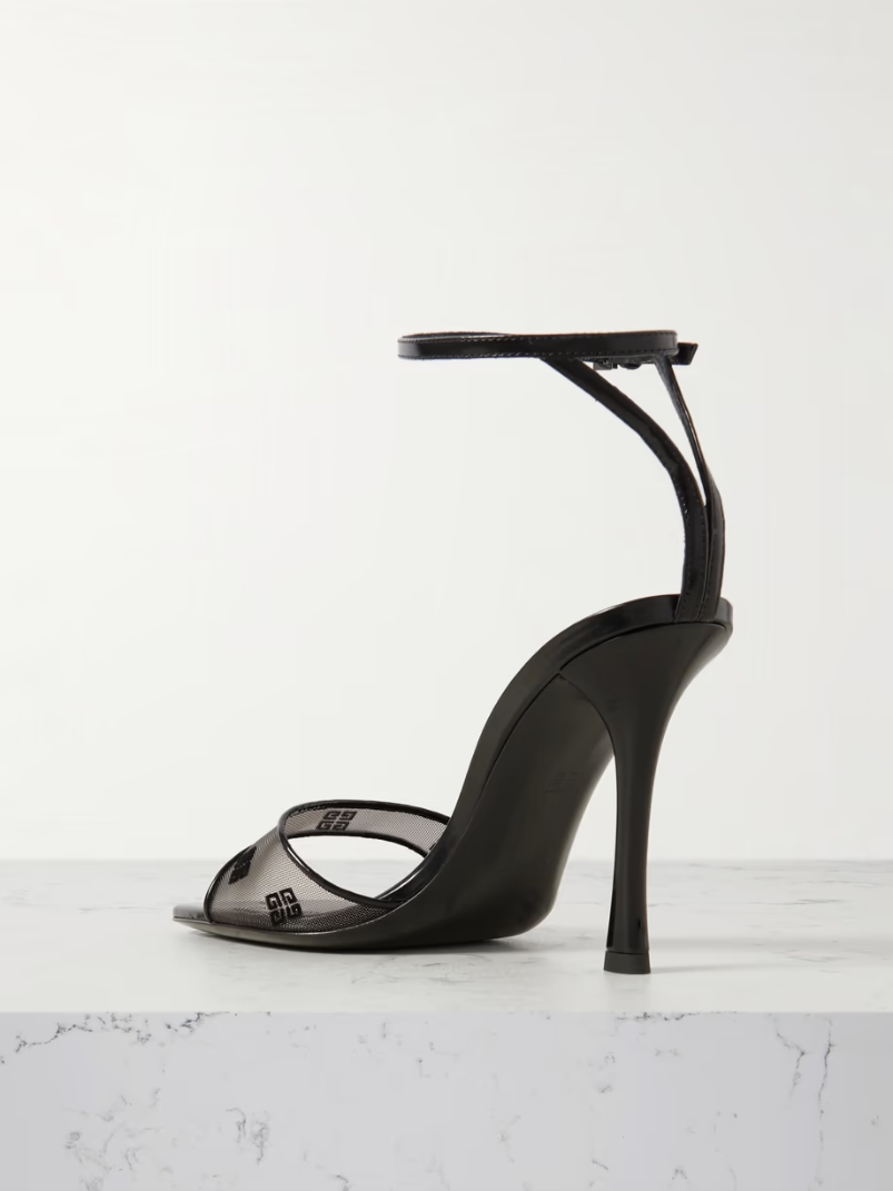 Patent leather-trimmed devoré-mesh sandals