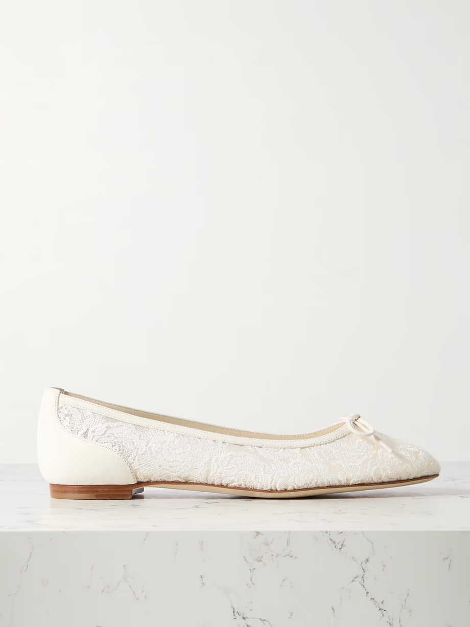 Verizzo bow-detailed suede-trimmed cotton-blend lace ballet flats