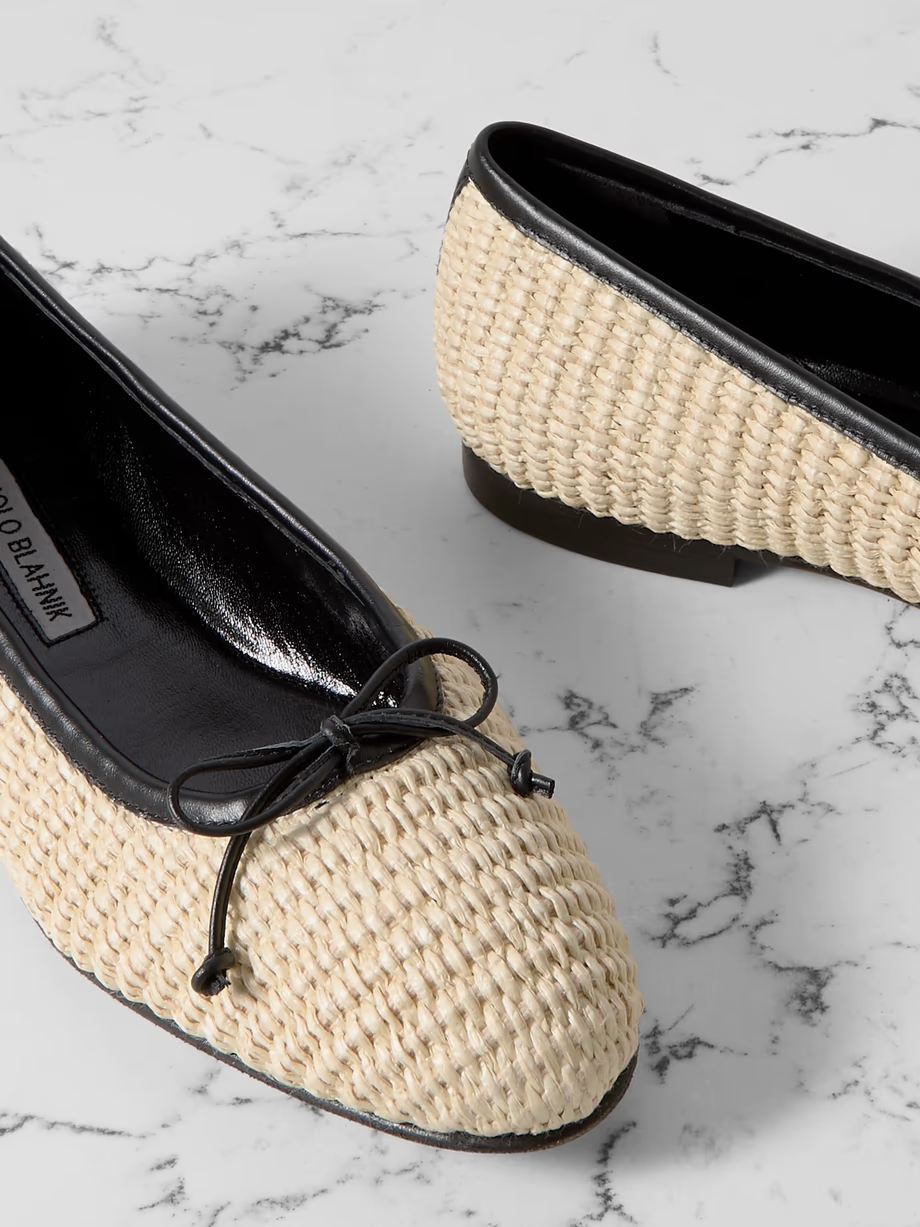 Veralli leather-trimmed raffia ballet flats