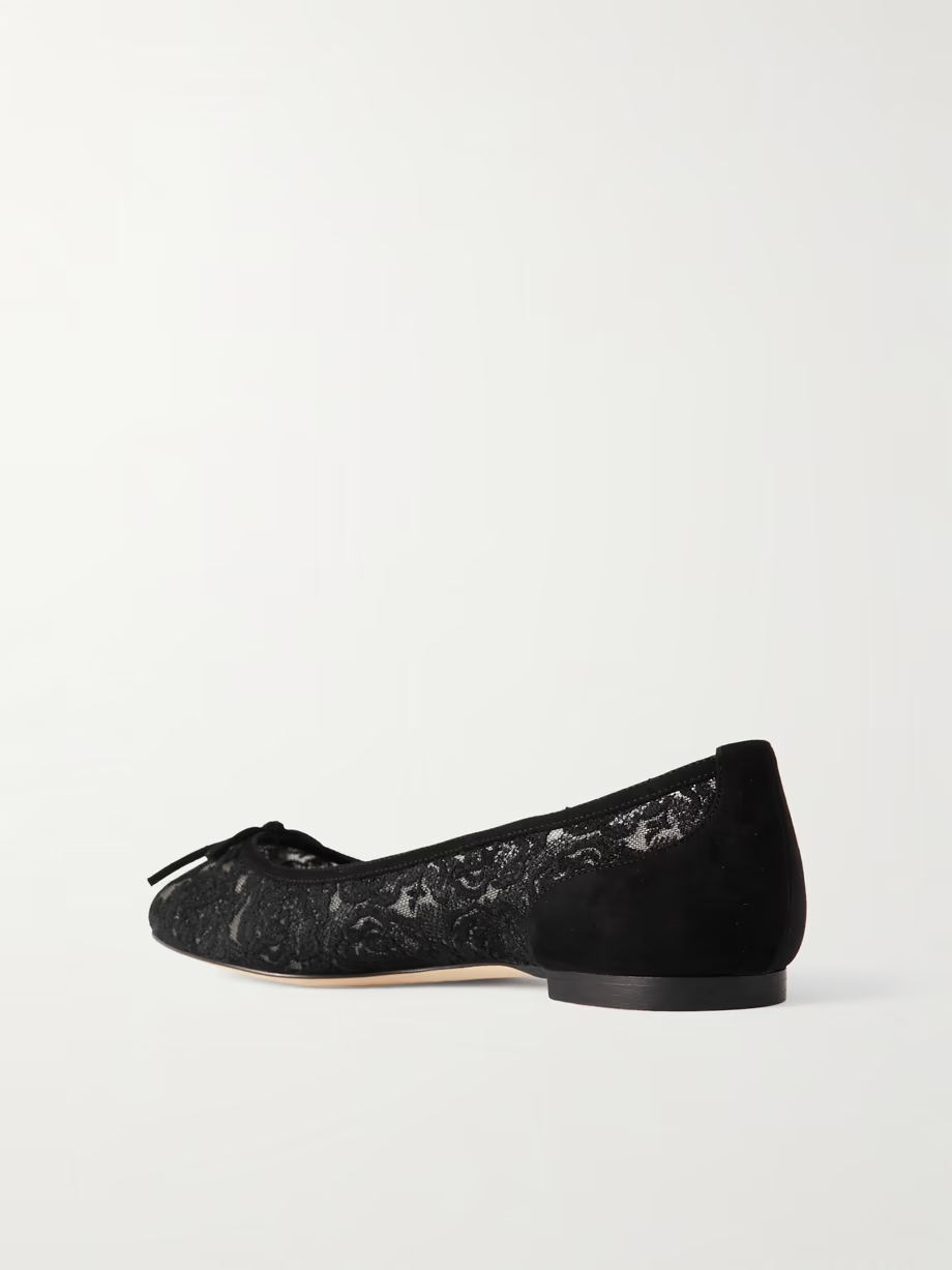 Verizzo bow-detailed suede-trimmed cotton-blend lace ballet flats