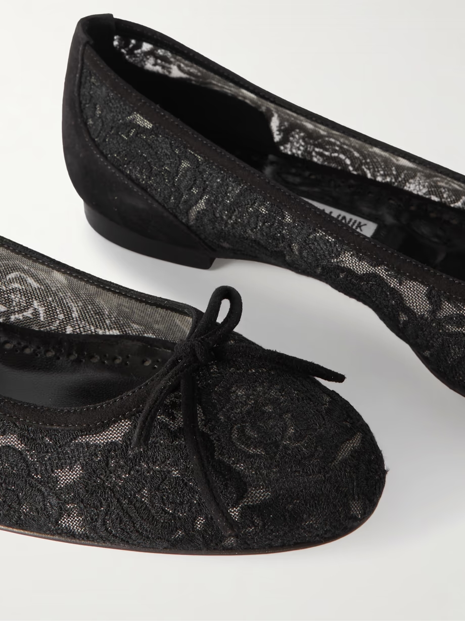 Verizzo bow-detailed suede-trimmed cotton-blend lace ballet flats