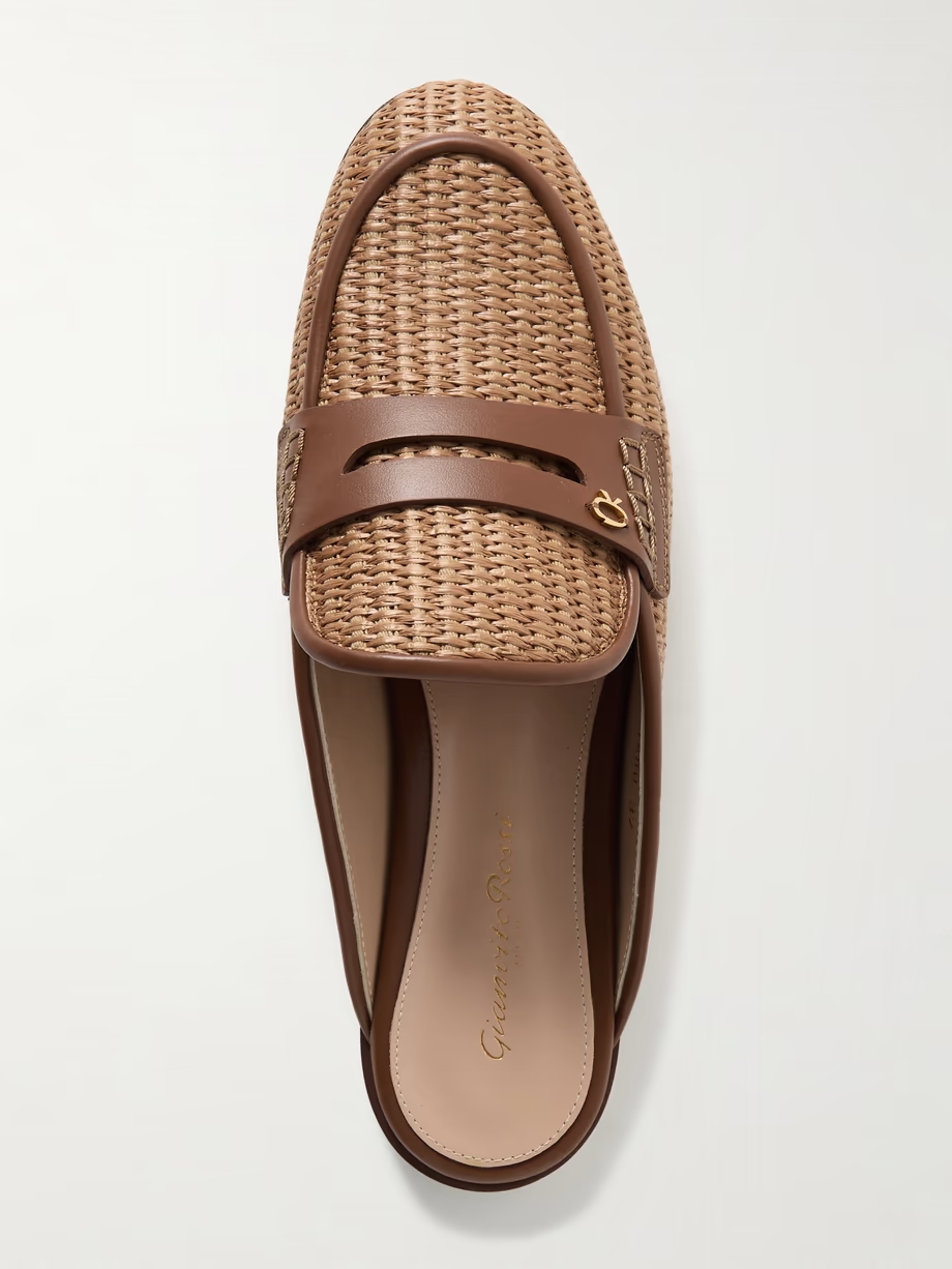 Florio Marbella 10 embellished leather-trimmed raffia loafers