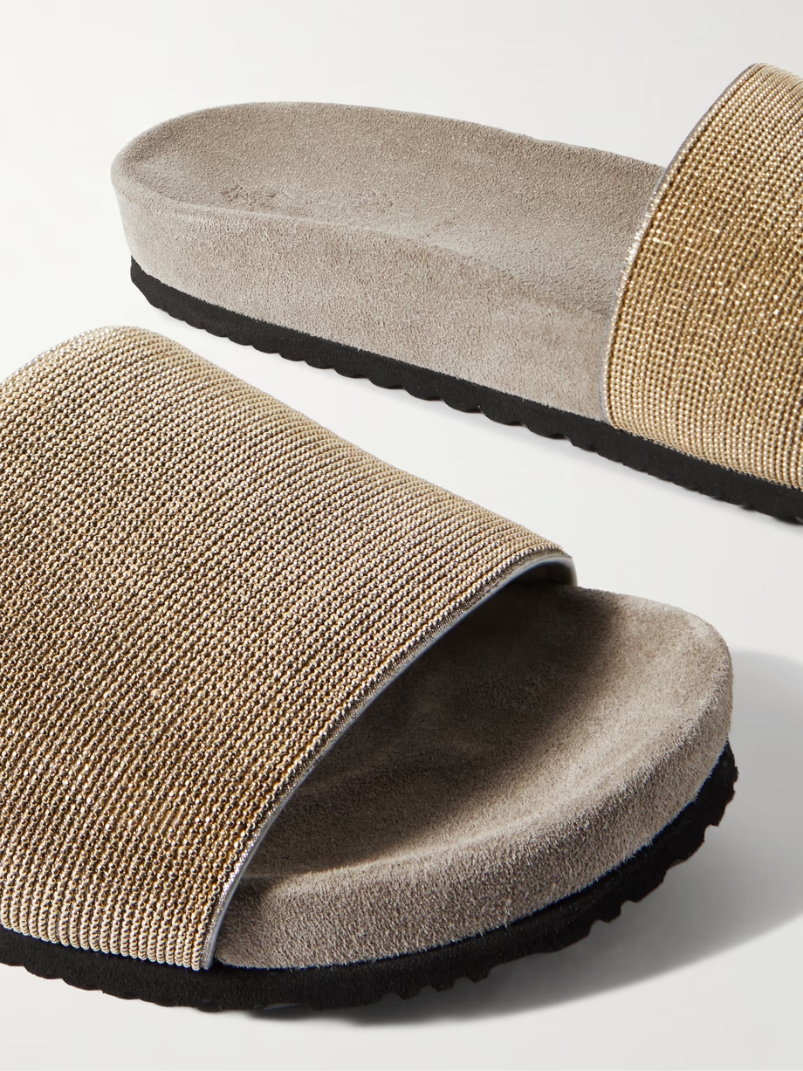 Bead-embellished suede slides