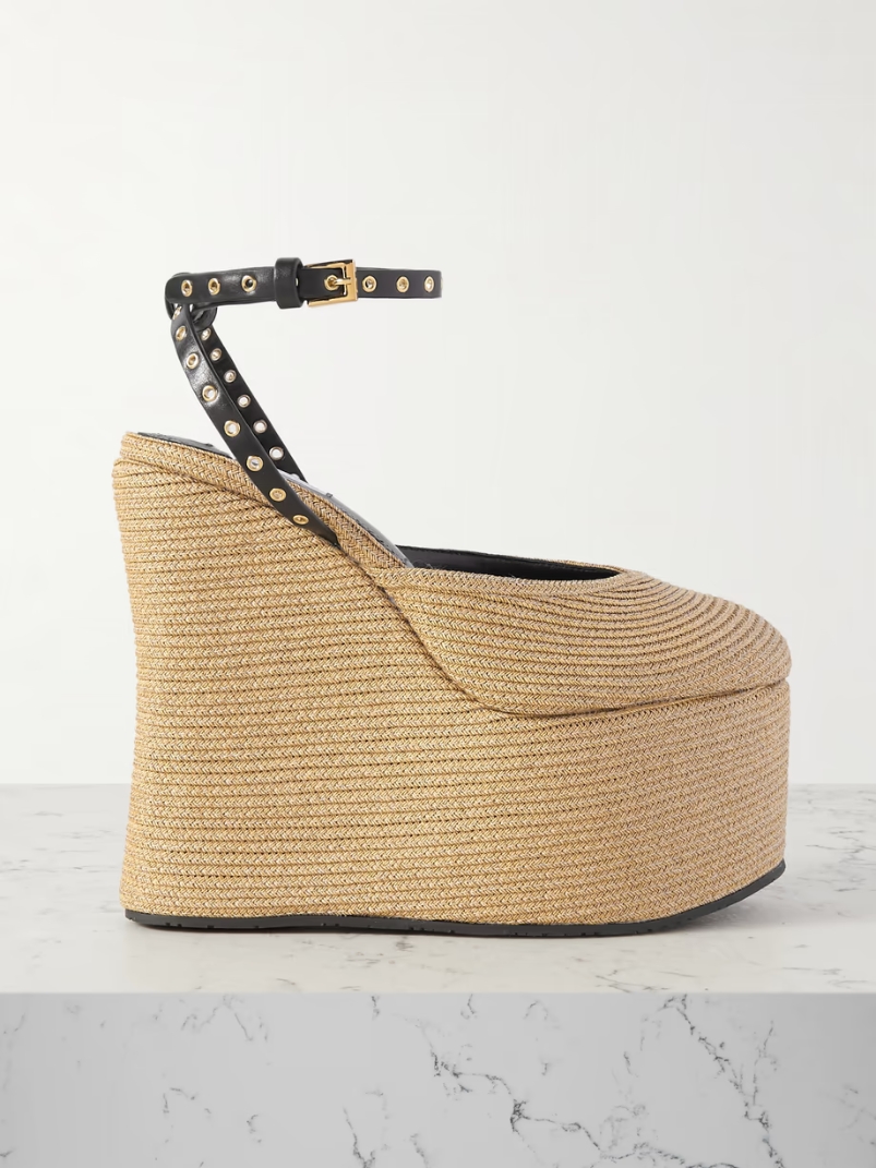 La Wedge 140 leather-trimmed raffia platform pumps