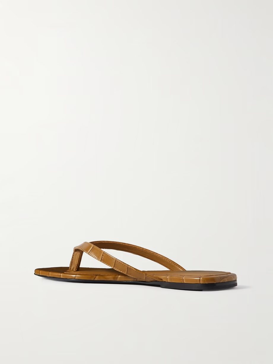 Croc-effect leather flip flops